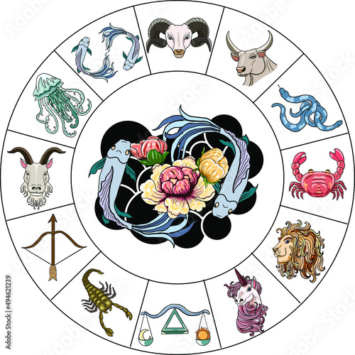 Circle flower of Astrology design.horoscope circle with signs of zodiac set vector.signs such as a aries, taurus, gemini, cancer, leo, virgo, libra, scorpio, sagittarius, capricorn,aquarius, pisces.
