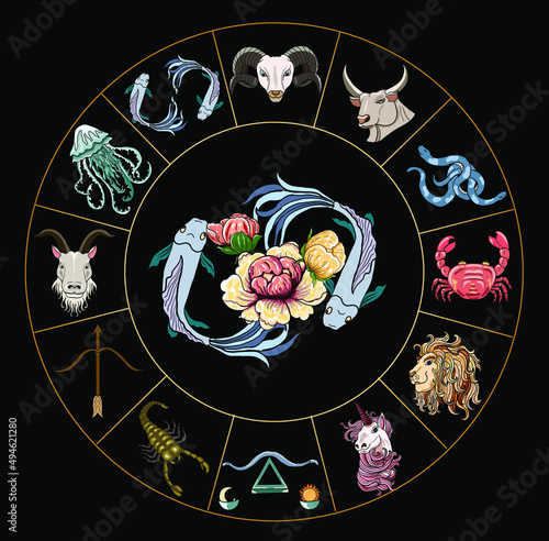 Circle flower of Astrology design.horoscope circle with signs of zodiac set vector.signs such as a aries, taurus, gemini, cancer, leo, virgo, libra, scorpio, sagittarius, capricorn,aquarius, pisces.