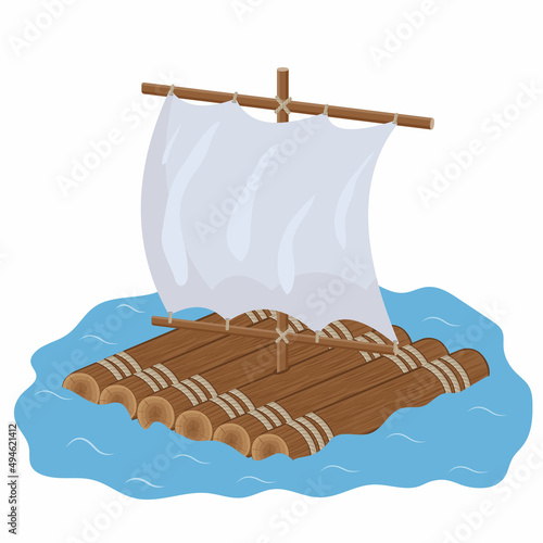 wooden raft with sail, color isolated vector illustration in cartoon style