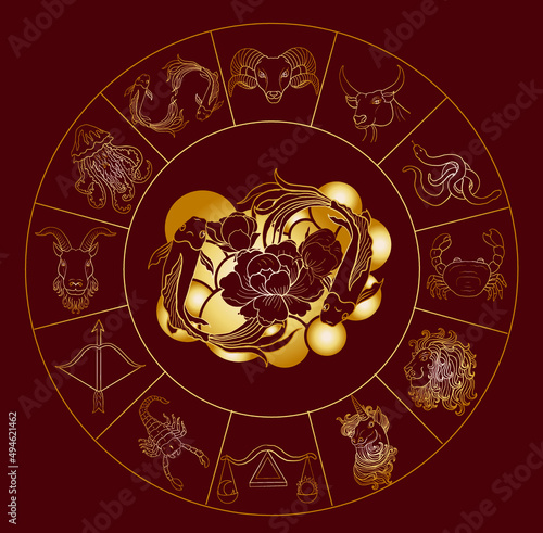 Circle flower of Astrology design.horoscope circle with signs of zodiac set vector.signs such as a aries, taurus, gemini, cancer, leo, virgo, libra, scorpio, sagittarius, capricorn,aquarius, pisces.