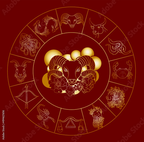 Circle flower of Astrology design.horoscope circle with signs of zodiac set vector.signs such as a aries, taurus, gemini, cancer, leo, virgo, libra, scorpio, sagittarius, capricorn,aquarius, pisces.