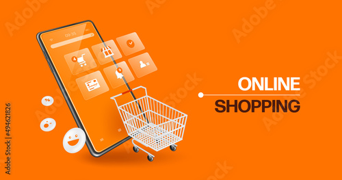 shopping cart and icons that represent online shopping applications floating on smartphone screen and there's a smiley icon floating next to it,vector 3d isolated on orange background for adverting