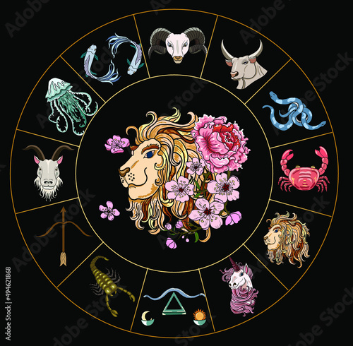 Circle flower of Astrology design.horoscope circle with signs of zodiac set vector.signs such as a aries, taurus, gemini, cancer, leo, virgo, libra, scorpio, sagittarius, capricorn,aquarius, pisces.