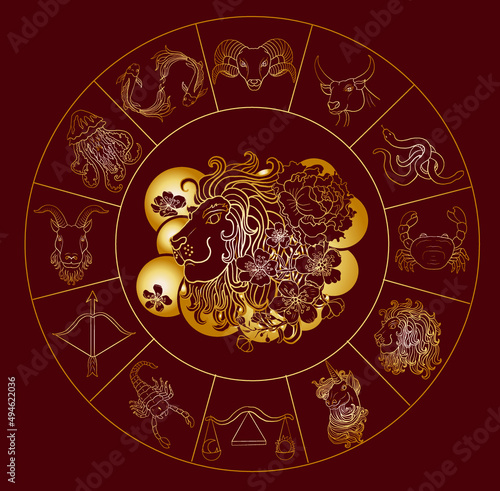 Circle flower of Astrology design.horoscope circle with signs of zodiac set vector.signs such as a aries, taurus, gemini, cancer, leo, virgo, libra, scorpio, sagittarius, capricorn,aquarius, pisces.