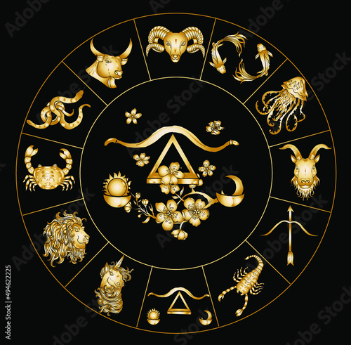 Circle flower of Astrology design.horoscope circle with signs of zodiac set vector.signs such as a aries, taurus, gemini, cancer, leo, virgo, libra, scorpio, sagittarius, capricorn,aquarius, pisces.