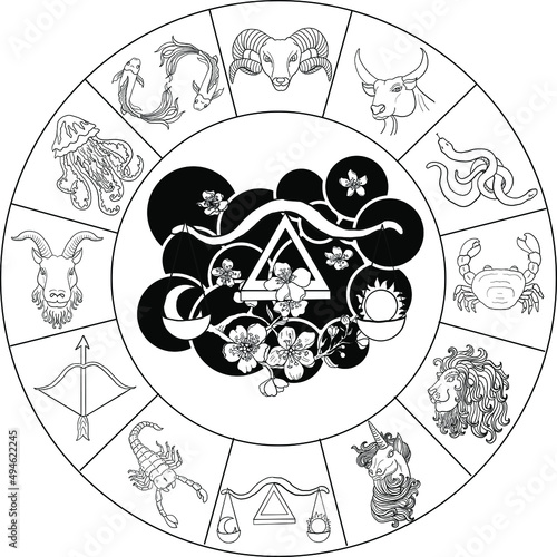 Circle flower of Astrology design.horoscope circle with signs of zodiac set vector.signs such as a aries, taurus, gemini, cancer, leo, virgo, libra, scorpio, sagittarius, capricorn,aquarius, pisces.