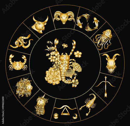 Circle flower of Astrology design.horoscope circle with signs of zodiac set vector.signs such as a aries, taurus, gemini, cancer, leo, virgo, libra, scorpio, sagittarius, capricorn,aquarius, pisces.