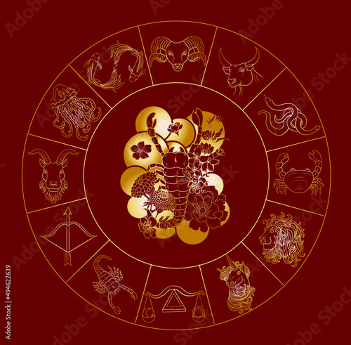 Circle flower of Astrology design.horoscope circle with signs of zodiac set vector.signs such as a aries, taurus, gemini, cancer, leo, virgo, libra, scorpio, sagittarius, capricorn,aquarius, pisces.