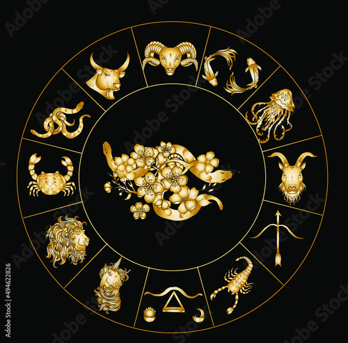 Circle flower of Astrology design.horoscope circle with signs of zodiac set vector.signs such as a aries, taurus, gemini, cancer, leo, virgo, libra, scorpio, sagittarius, capricorn,aquarius, pisces.