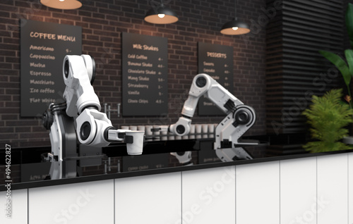 Robot arm serving hot coffee in a coffee shop. photo