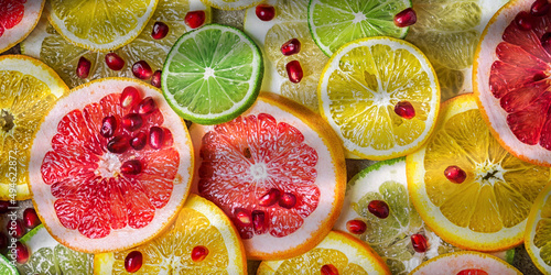 citrus slices with pomegranate seeds, top view photo