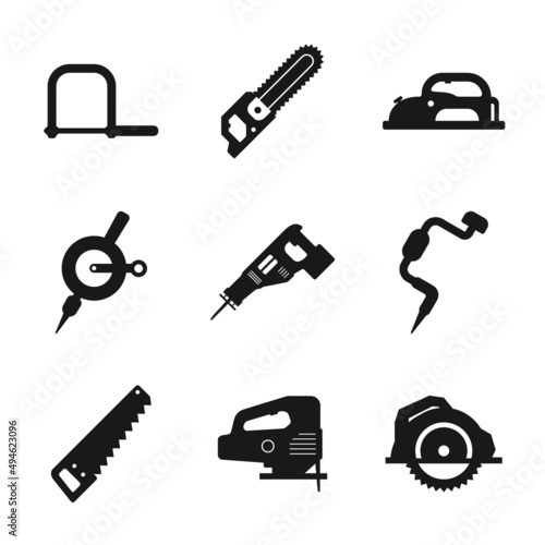 Simple set icon of carpentry tools. Carpenter wood shop. Contains such Icons as chainsaw, chainsaw, mechanical drill, electric drill, wood cutter, and more. Vector icon graphic design template.