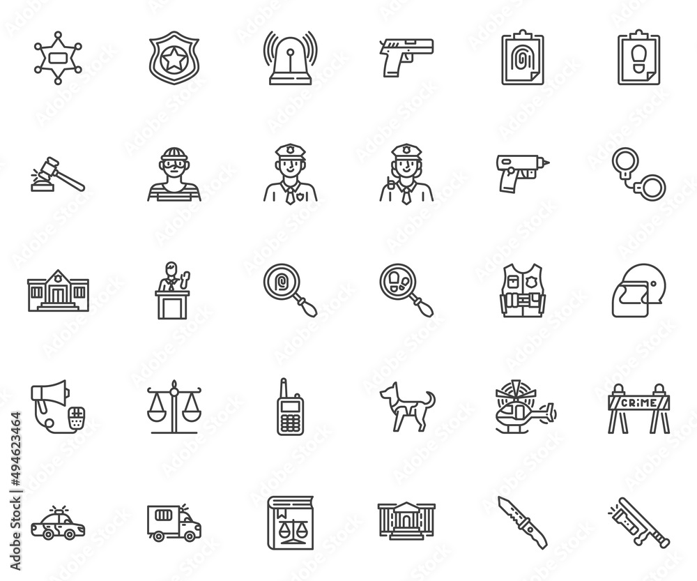 Fototapeta premium Police and law enforcement line icons set