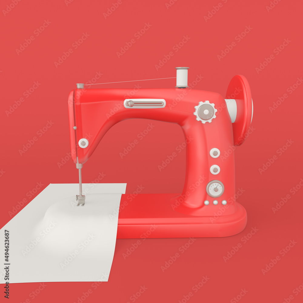 3d render illustration of retro sewing machine. Modern trendy design.  Red color.