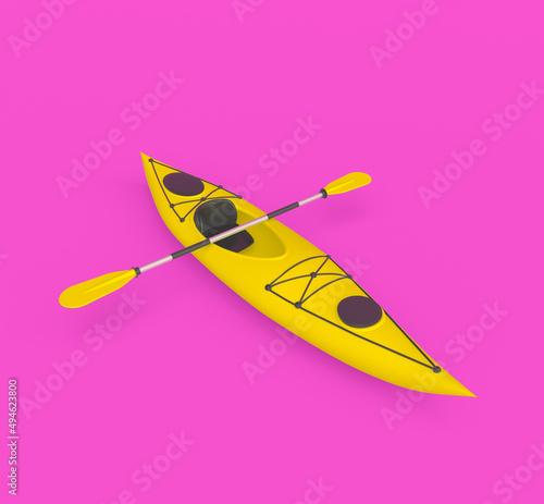 3d render illustration of kayak. Small, narrow watercraft with a double-bladed paddle. Modern trendy design.  Bright colors.