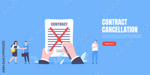 Contract cancellation business concept. Terminated tearing contract paper sheet breach flat style design vector illustration. Business people running toward giant hands with tearing contract papers.