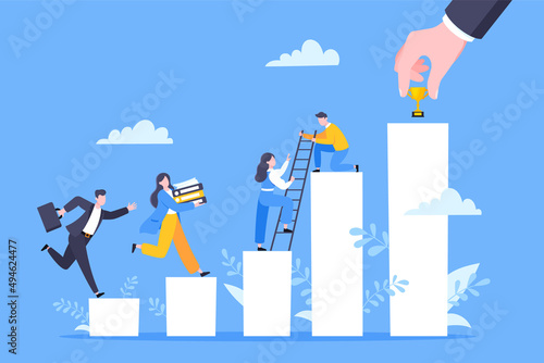 Business mentor helps to improve career and holding stairs steps vector illustration. Mentorship, upskills, climb help and self development strategy flat style design business concept.