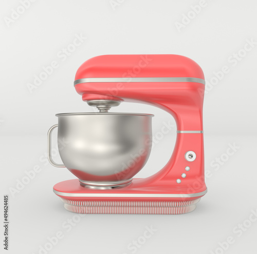 3d render illustration of .electric kneader (stand mixer) Modern trendy design. Red and silver colors. photo