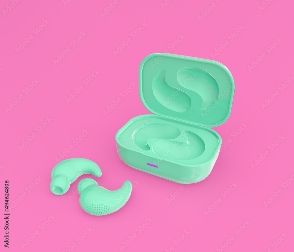 3d render illustration of wireless earbuds with case. Modern trendy design. Pink and green colors. 3d render illustration of wireless earbuds with case. Modern trendy design. Pink and green colors.