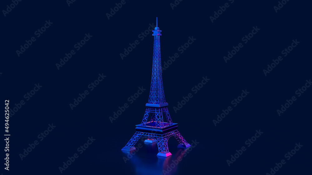 3d render Eiffel Tower in cyberpunk style on a dark blue shiny background