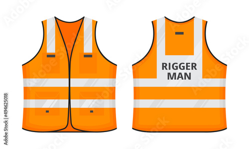 Safety reflective vest with label FIrigger man tag flat style design vector illustration set. Orange fluorescent security safety work jacket with reflective stripes. Front and back view uniform vest.