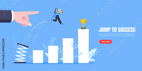 Business mentor helps to improve career with springboard vector illustration. Business person jumps above career ladder graph. Success growth, motivation opportunity, boost career concept.