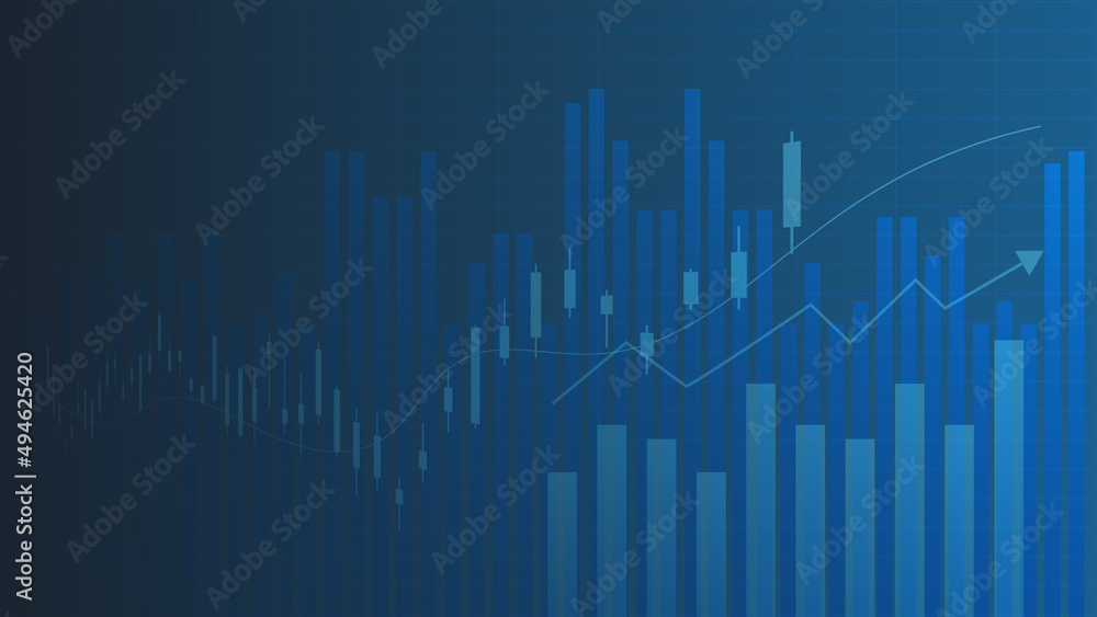 Financial business statistics with bar graph and candlestick chart show stock market price and effective earning on blue background 