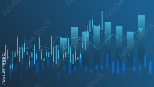 Financial business statistics with bar graph and candlestick chart show stock market price and effective earning on blue background 