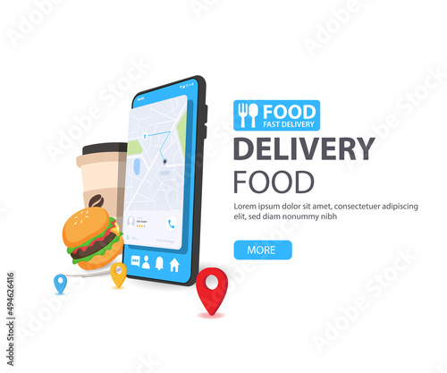 Online food ordering. Vector concept illustration of mobile smartphone screen with Burger and Coffee