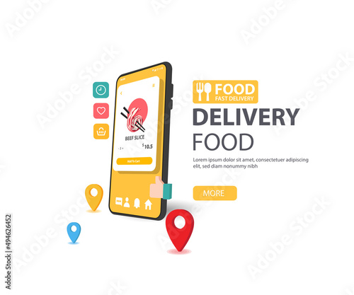 Online delivery food on a smartphone screen with Beef food order concept web banner