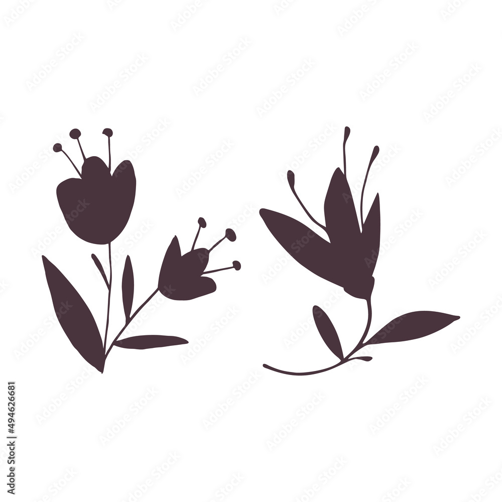Plants silhouette collection on white background, hand drawn flowers Plants silhouette collection on white background, hand drawn flowers