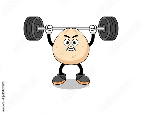 meat bun mascot cartoon lifting a barbell