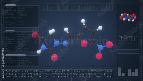 Overview of the molecule of nitrofurantoin on the computer screen. Loopable 3d animation photo