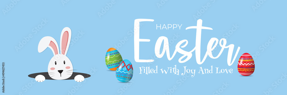 Obraz premium White easter rabbit. Easter Bunny Hare head And Egg. Icon vector character, isolated on sky blue color background.