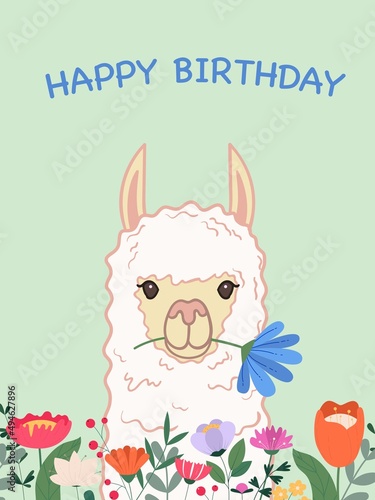 Birthday card with a cute llama and flowers. Vector illustration