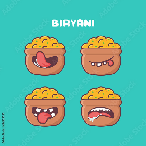Biryani rice cartoon. indian food vector illustration. with different mouth expressions