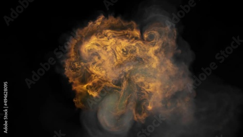 Fire swirls of brown color and gray smoke are concentrated in the center of the black screen. Firestorm.