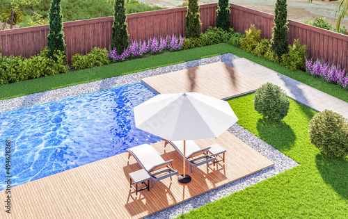 3d render backyard pool and garden