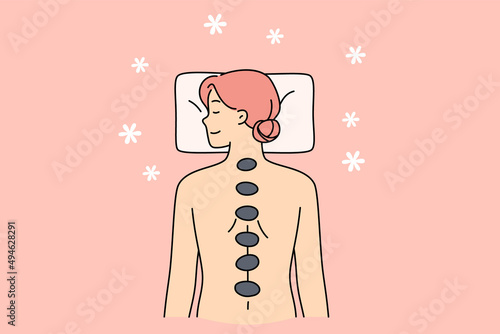 Calm young woman lying naked enjoy massage in spa saloon. Happy relaxed girl have body care stone therapy in wellness center or salon. Cosmetology and beauty. Flat vector illustration. 