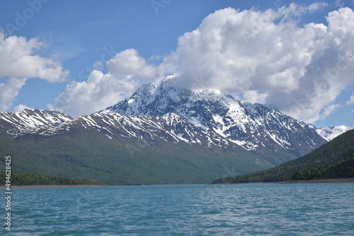 Spring lake and snow capped mountain