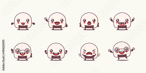 onigiri cartoon. japanese rice food vector illustration. with different faces and expressions