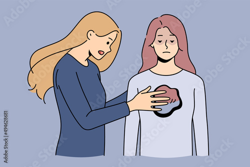 Woman cover with hands close hole in another female give support and help. Concept of psychological and mental aid and counseling. Psychotherapy and psychoanalysis. Vector illustration. 
