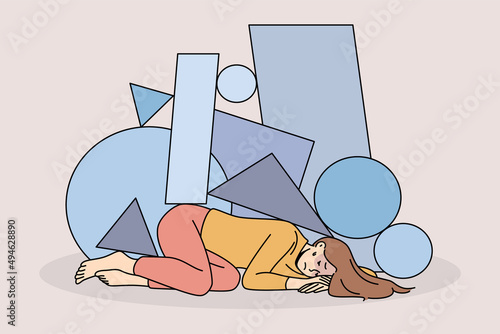 Unhappy stressed young woman immobile under life troubles burden. Upset girl distressed with psychological or mental problems. Depression and stress concept. Vector illustration. 