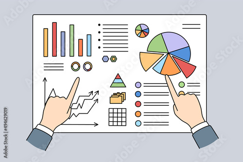 Close up of businessman and analyst hands point at graph and charts on board. Banker analyze growth and falls. Concept of analytical data and accounting. Finances and statistics. Vector illustration. 