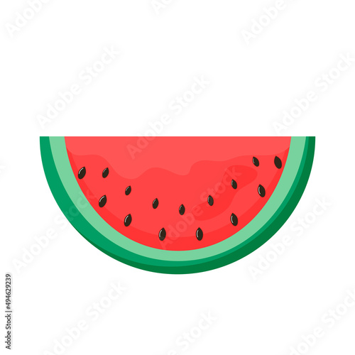 Slice of watermelon isolated on white background. Summer element for card, banner, poster, background, market. Flat vector illustration.