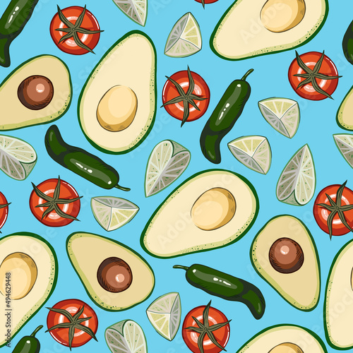 Fototapeta Naklejka Na Ścianę i Meble -  seamless pattern with vegetables - avocados, peppers, tomatoes and lime slices on a blue background for packaging, postcards, textures and textiles.