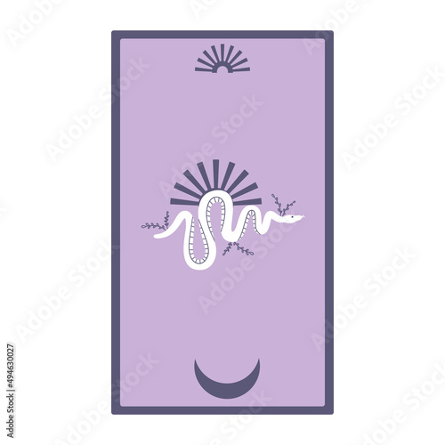 Tarot cards with sun and snakes isolated on a white background. Celestial magic for occult and divination. Purple minimalism cards. Serpent with moon. Flat vector illustration