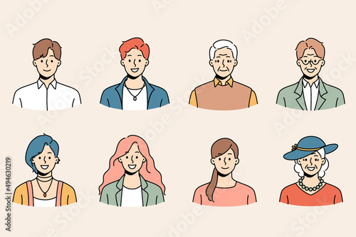 Set of diverse people of different ages and genders profile pictures. Collection of smiling young and old men and women avatar portraits and faces. Generation and diversity. Vector illustration. 
