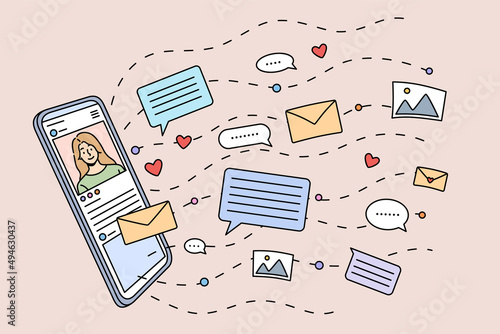 Online communication and chatting on modern cellphone device. Social media notifications and email on smartphone gadget. Communicating on internet. Flat vector illustration. 