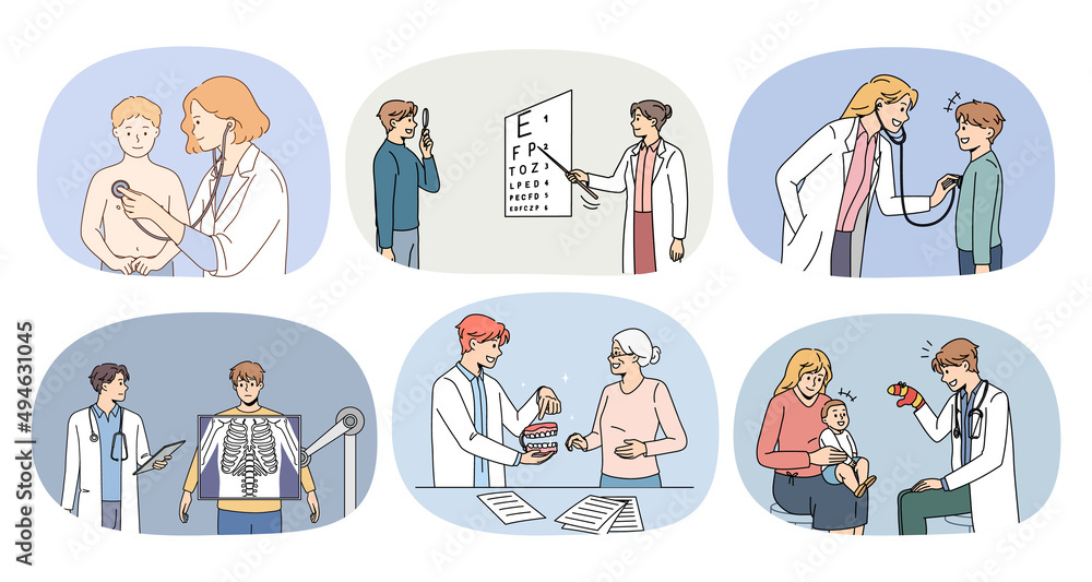 Collection of diverse doctors cure patients in private or public hospital. Set of therapists or medical personnel help sick people in clinic. Healthcare and medicine. Vector illustration. Collection of diverse doctors cure patients in private or public hospital. Set of therapists or medical personnel help sick people in clinic. Healthcare and medicine. Vector illustration.